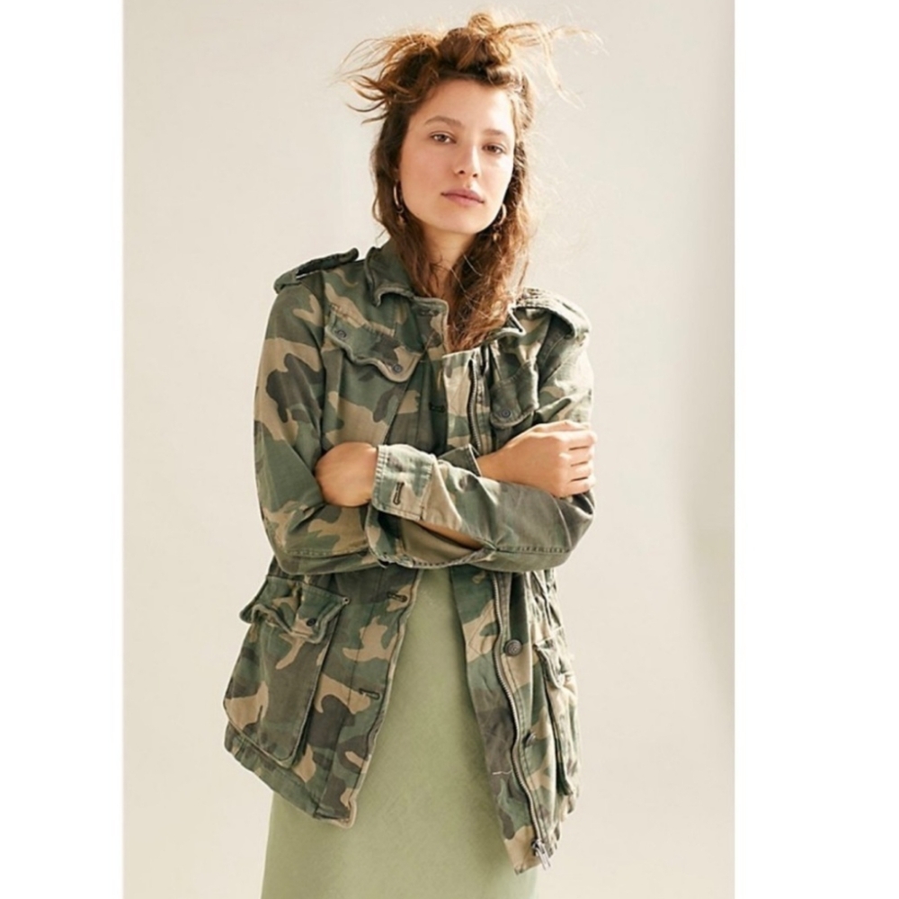 Free People Not Your Brothers Camo Jacket, Women Green Military Utility Jacket